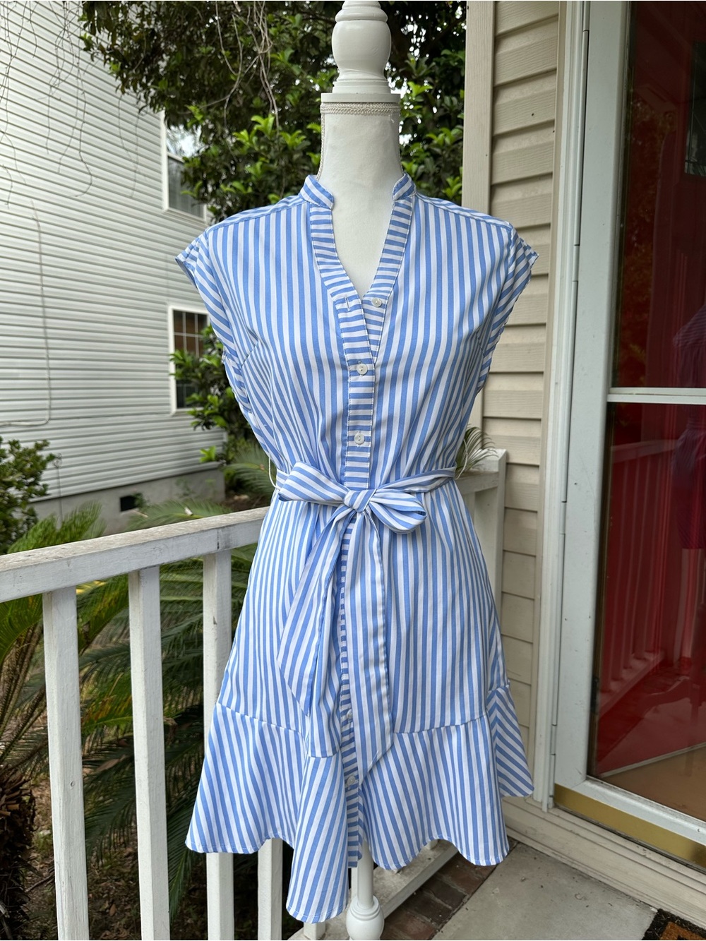 Striped Light Blue Tie-Waist Midi Dress